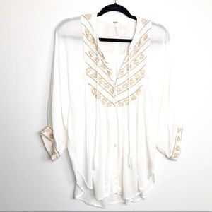 𝅺Free people ivory cream button-down embroidered tunic blouse
